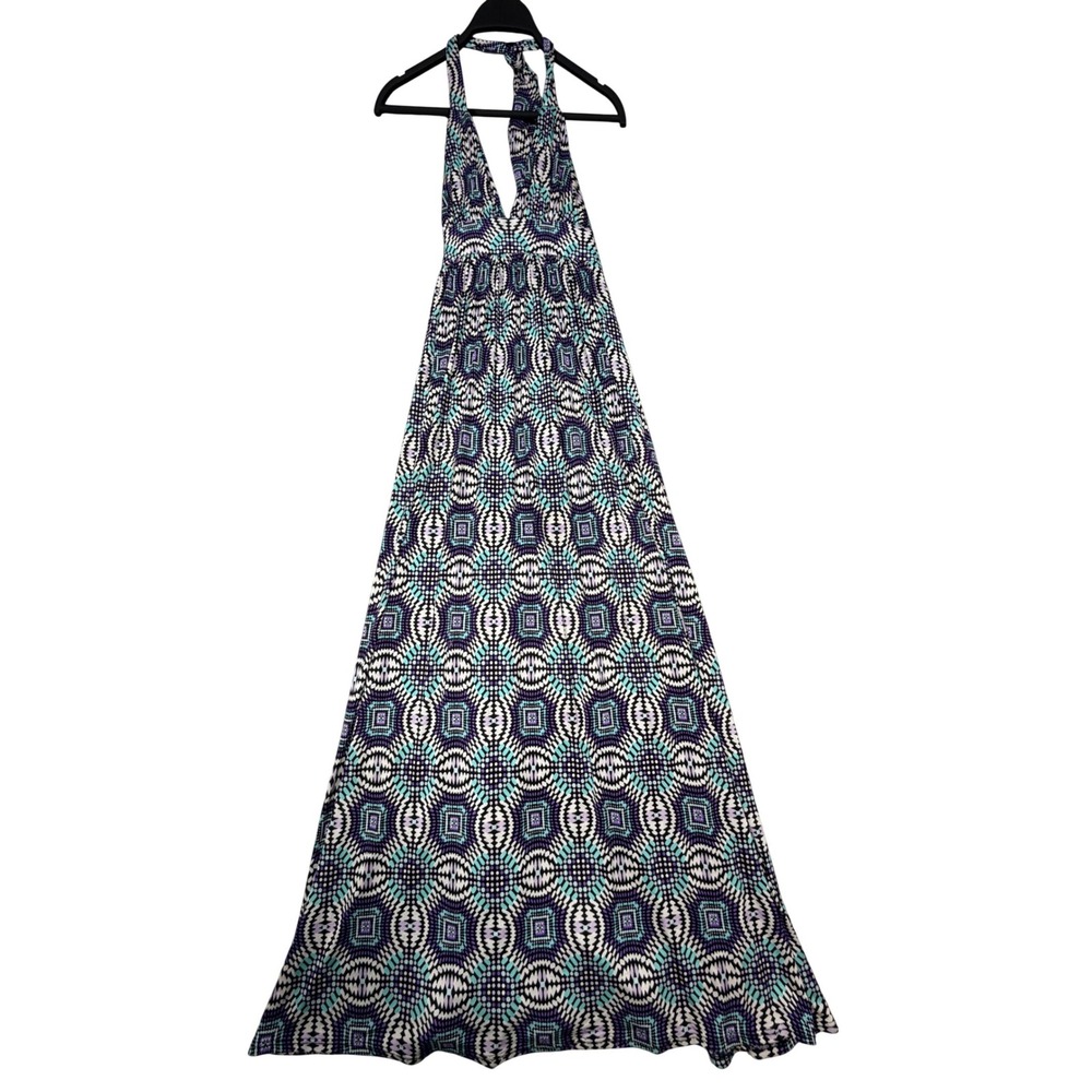 Vintage 2000s Purple Teal Geometric Halter Maxi Dress S Y2K Boho Summer Casual